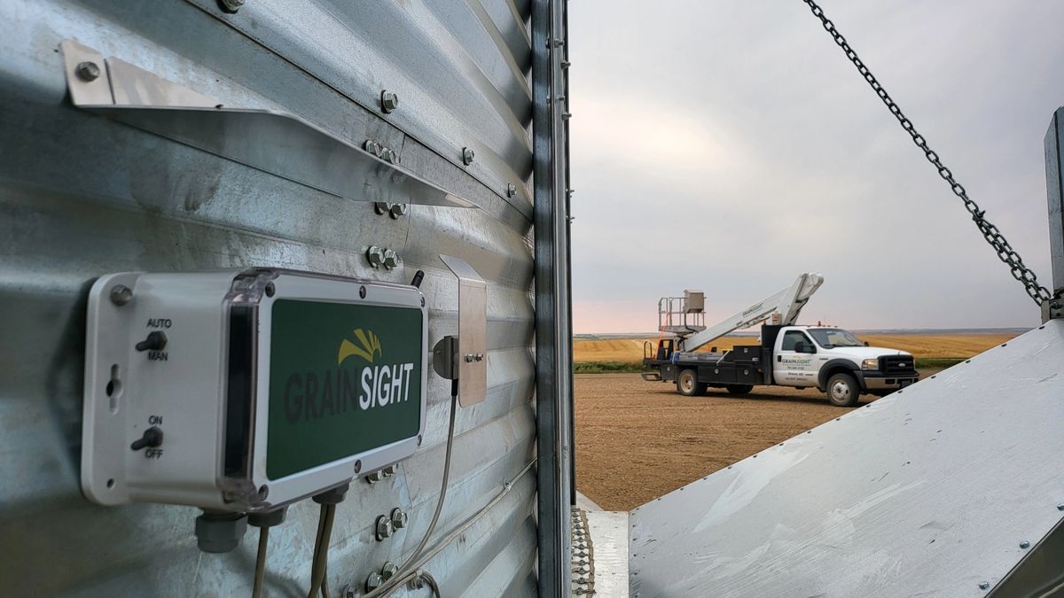 GrainSight controller installed on a grain bin at a farm