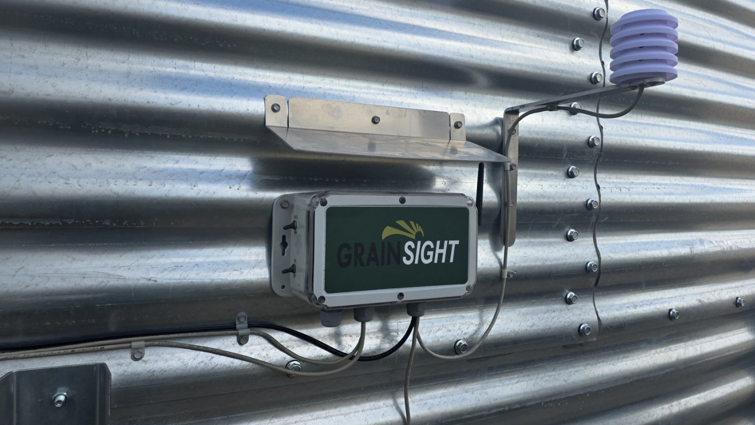GrainSight Bin Controller mounted on a grain bin