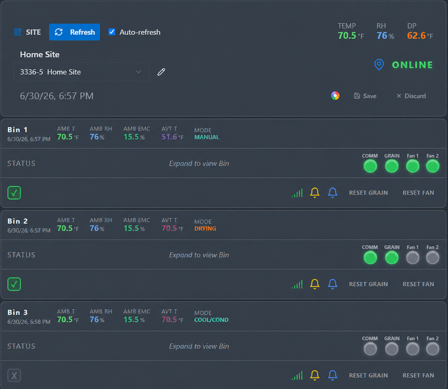 GrainSight 2.0 site overview with bin status cards